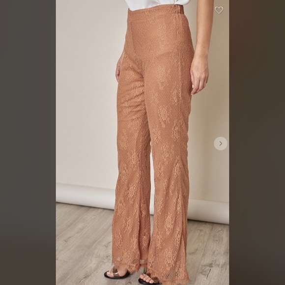 Carmel Floral Lace V Neck Babydoll Top + High Waist Flare Pants Matching Set - Picture 8 of 10